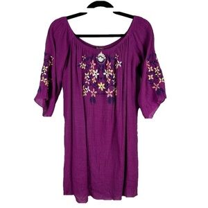 J Gee Boho Floral Embroidered Tunic Top Large Petite Purple